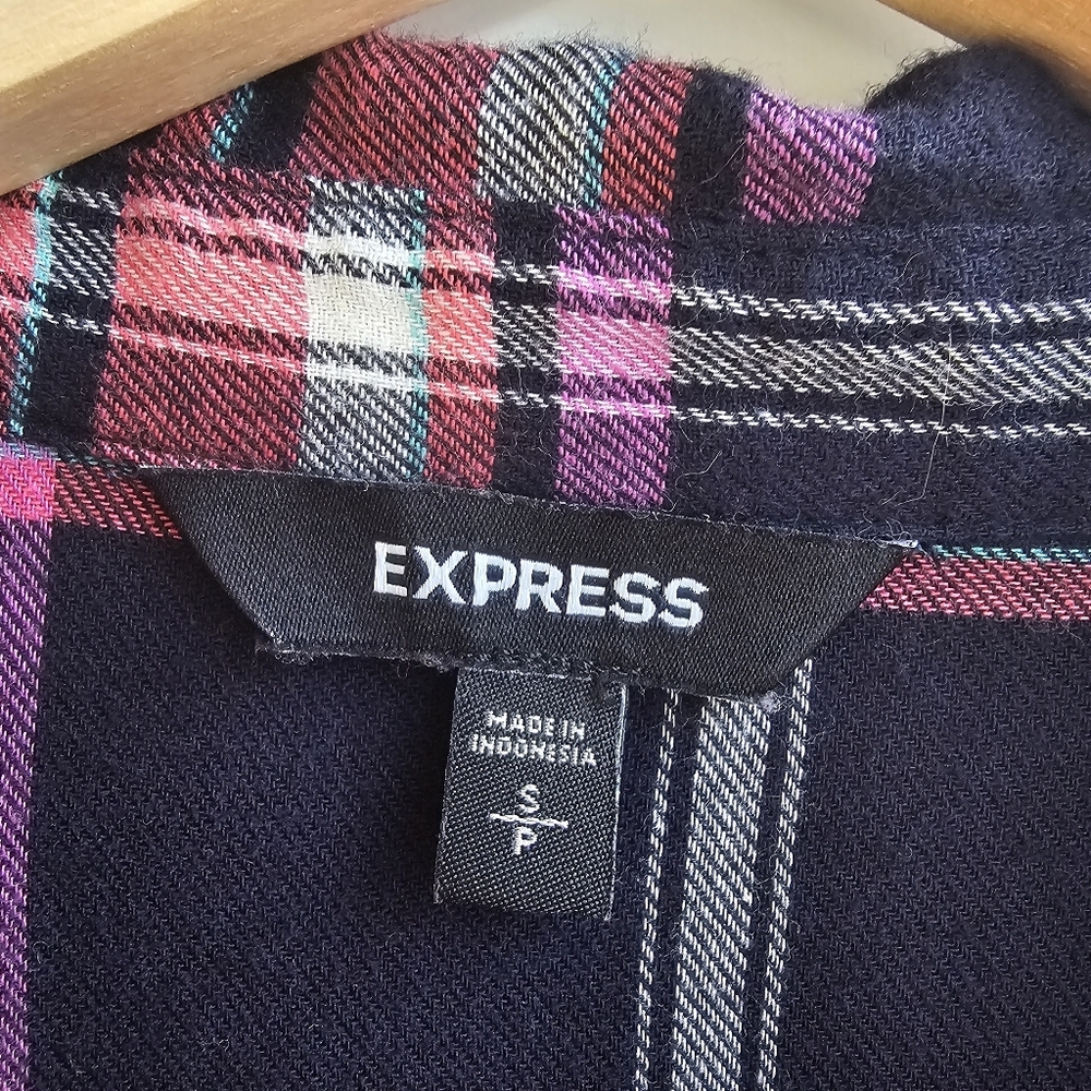 EXPRESS Pink Purple Plaid Flannel Corset Lace-Up Button-Down Shirt Size Small - Picture 7 of 12